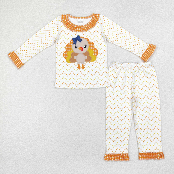 Turkey Orange Plaid Ruffles Dots Girls Thanksgiving Pajamas