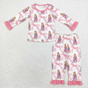 Bamboo Bow Pattern Singer Pink White Girls Long Sleeve Pajamas