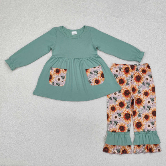 Sunflower Floral Pockets Bluish Girls Long Sleeve+Trousers Sets