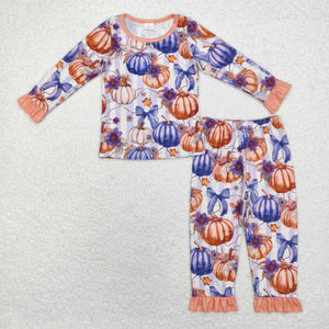 Bamboo Pumpkin Bow Pattern Purple Stripe Girls Halloween Pajamas