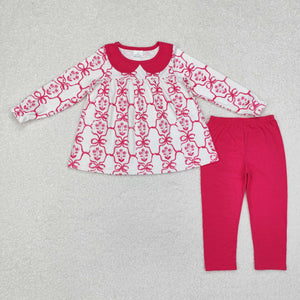 Floral Bow Pattern Hot Pink Girls Long Sleeve+Trousers Sets