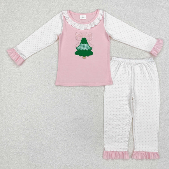 Bow Tree Polka Dots Pink White Girls Christmas Pajamas