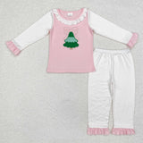 Bow Tree Polka Dots Pink White Girls Christmas Pajamas