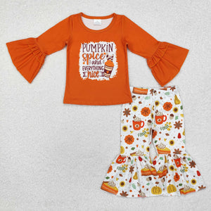 Pumpkin Spice Letters Orange Girls Long Sleeve+Trousers Sets