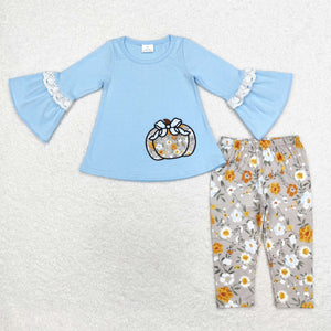 Pumpkin Floral Blue Girls Long Sleeve+Trousers Sets