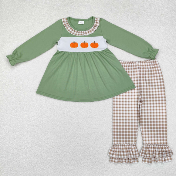 Pumpkin Plaid Ruffles Green Girls Long Sleeve+Trousers Sets