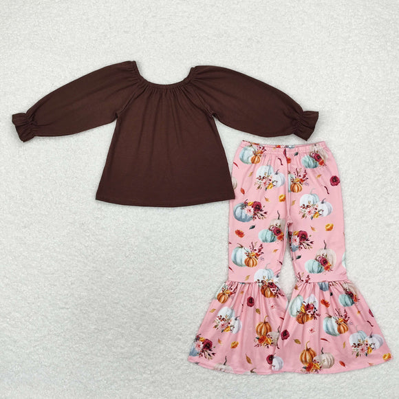 Floral Solid Brown Pink Girls Long Sleeve+Trousers Sets