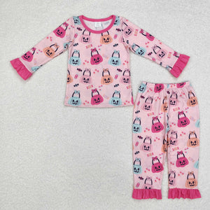 Bamboo Bow Pattern Pumokin Pink Girls Halloween Pajamas