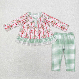 Bow Pattern Green Plaid Ruffles Pink Girls Christmas Outfits