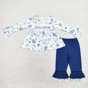 Jesus Loves Me Floral Blue Girls Christmas Outfits