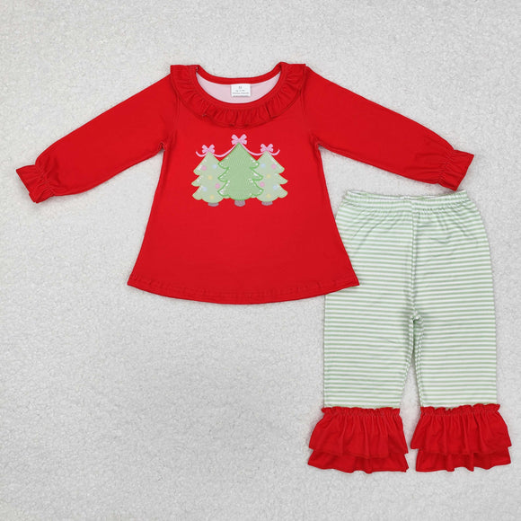 Bow Trees Green Stripe Red Ruffles Girls Christmas Outfits