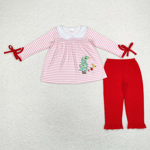 Cartoon Tree Pink Stripe Red Girls Christmas Outfits