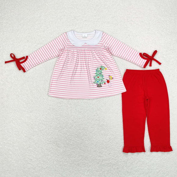 Cartoon Tree Pink Stripe Red Girls Christmas Outfits