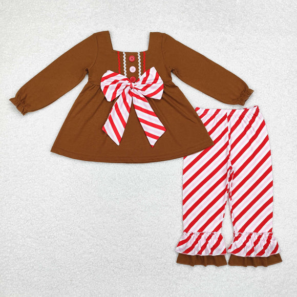 Red Stripe Bow Brown Girls Christmas Outfits