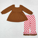 Red Stripe Bow Brown Girls Christmas Outfits