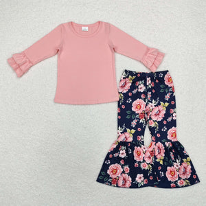 Floral Solid Pink Navy Girls Long Sleeve+Trousers Sets