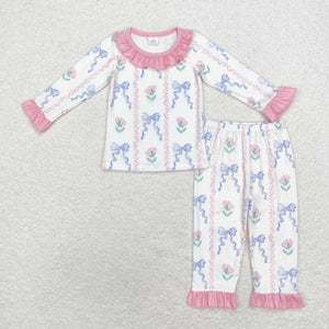 Bamboo Bow Pattern Floral Pink White Girls Long Sleeve Pajamas