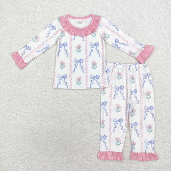 Bamboo Bow Pattern Floral Pink White Girls Long Sleeve Pajamas