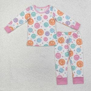 Bamboo Smile Stars Pink Beige Girls Long Sleeve Pajamas