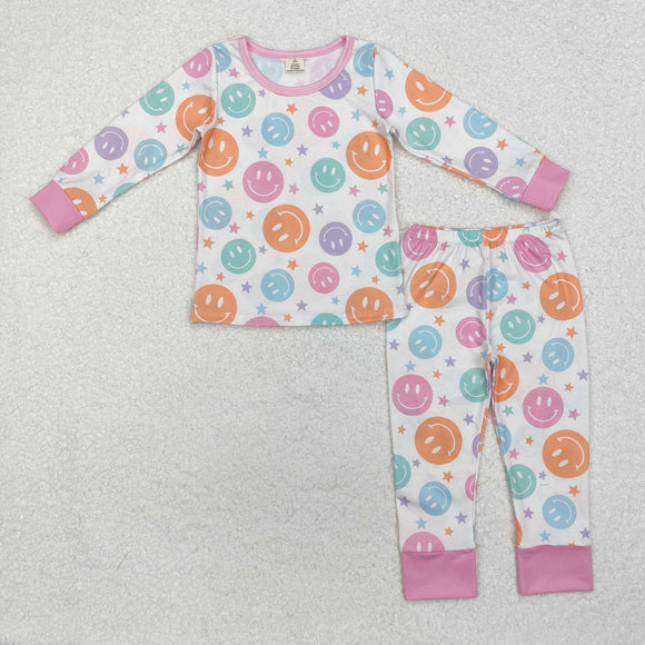 Bamboo Smile Stars Pink Beige Girls Long Sleeve Pajamas