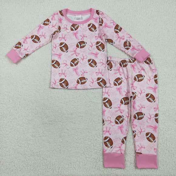 Football Pink Bow Pattern Girls Long Sleeve Pajamas