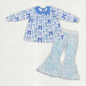 Bow Pattern Doll Collar White Sequins Girls Long Sleeve+Trousers Sets