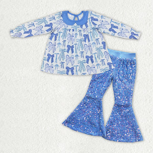 Bow Pattern Doll Collar Blue Sequins Girls Long Sleeve+Trousers Sets