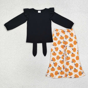 Solid Black Ruffles Pumpkin Girls Long Sleeve+Trousers Sets