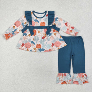 Pumpkin Leaves Blue Ruffles Girls Long Sleeve+Trousers Sets