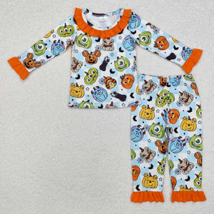 Cartoon Bats Orange Ruffles Blue Plaid Girls Halloween Pajamas