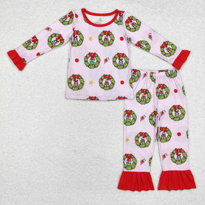 Bamboo Cartoon Red Ruffles Pink Girls Christmas Pajamas