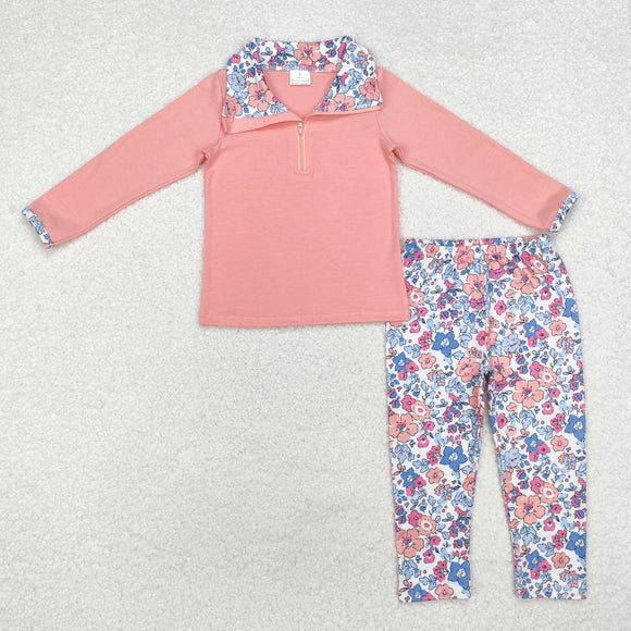 Floral Zipper Pink Girls Long Sleeve+Trousers Sets