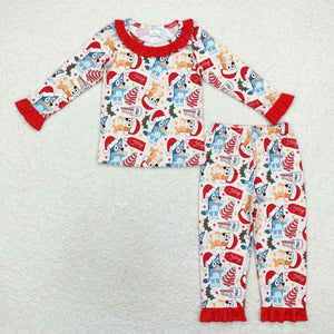 Cartoon Dogs Stars Red Ruffles Girls Christmas Pajamas