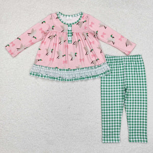 Duck Bow Pattern Green Plaid Ruffles Pink Girls Long Sleeve+Trousers Sets