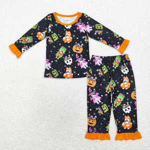 Cartoon Dogs Stars Orange Ruffles Black Girls Halloween Pajamas