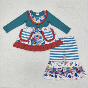 Floral Blue Stripe Pockets Girls Long Sleeve+Trousers Sets