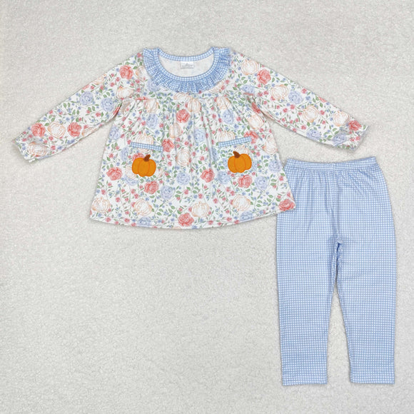 Pumpkin Pockets Floral Blue Plaid Ruffles Girls Long Sleeve+Trousers Sets