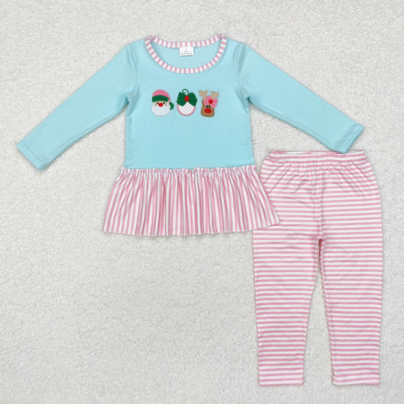 Santa Bell Reindeer Pink Stripe Blue Girls Christmas Outfits