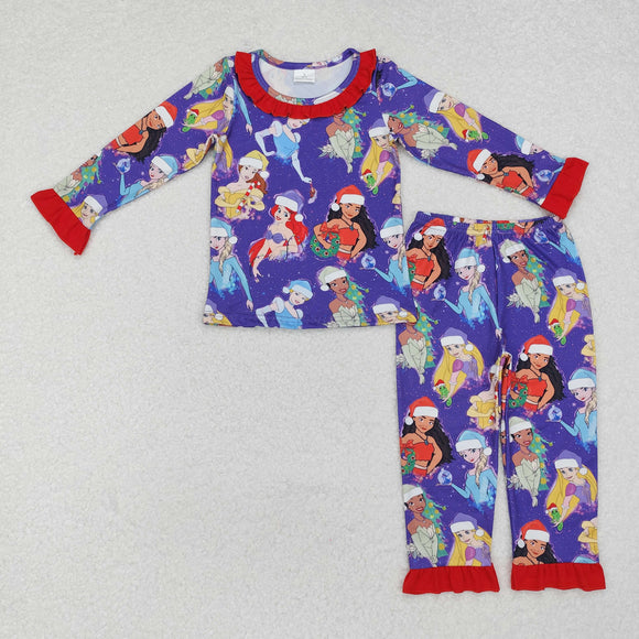 Cartoon Princess Red Ruffles Purple Girls Christmas Pajamas