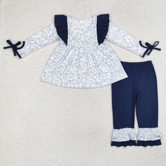 Floral Navy Ruffles Girls Long Sleeve+Trousers Sets