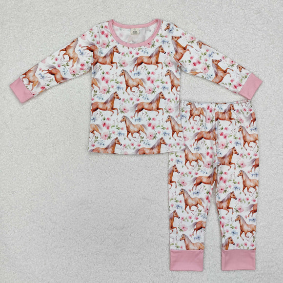 Bamboo Horses Floral Pink White Girls Long Sleeve Pajamas