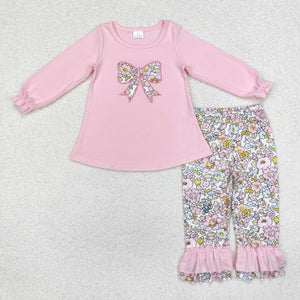 Floral Bow Pattern Pink Girls Long Sleeve+Trousers Sets