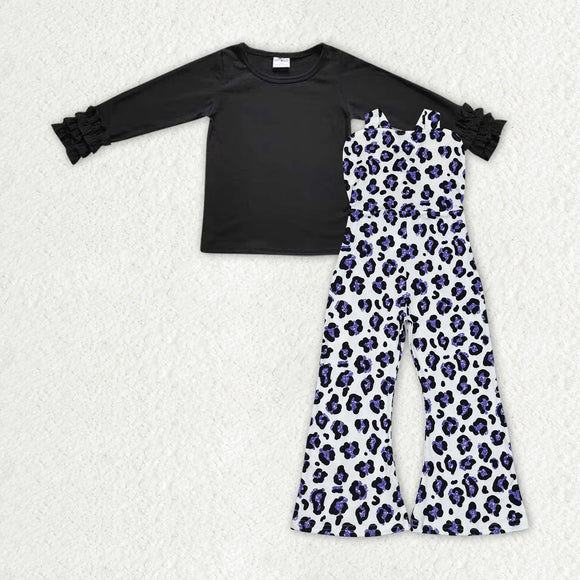 Leopard Print Black Girls Overalls Sets