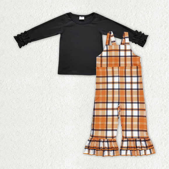 Orange Plaid Black Girls Overalls Sets