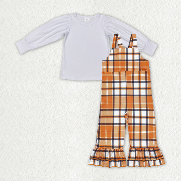 Orange Plaid White Girls Overalls Sets