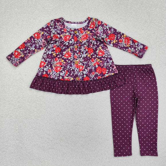 Floral Pockets Polka Dots Purple Girls Long Sleeve+Trousers Sets