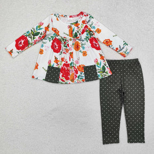 Floral Polka Dots Green Pockets Girls Long Sleeve+Trousers Sets