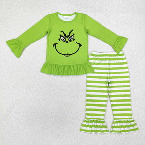 Cartoon Smile Green Stripe Girls Christmas Outfits