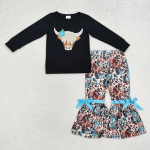 Highland Cow Cowhide Black Girls Long Sleeve+Trousers Sets