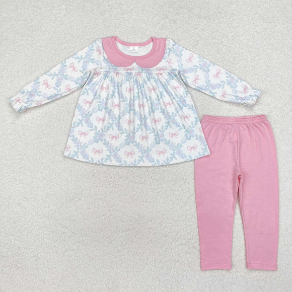 Floral Bow Pattern White Pink Girls Long Sleeve+Trousers Sets